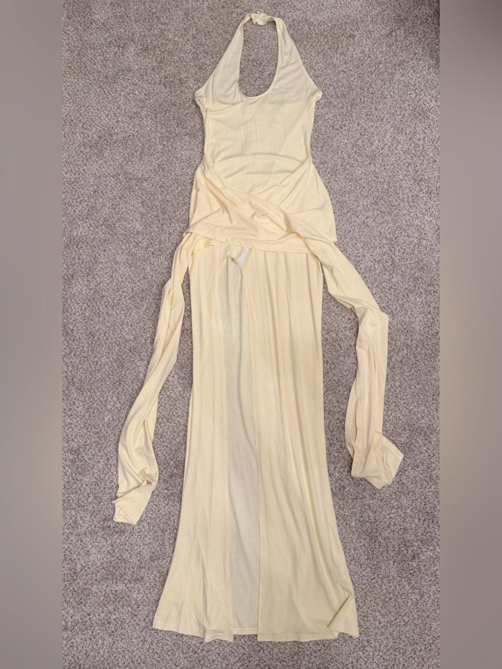 Butter Yellow Halter Maxi Dress with high leg slit and tie waist